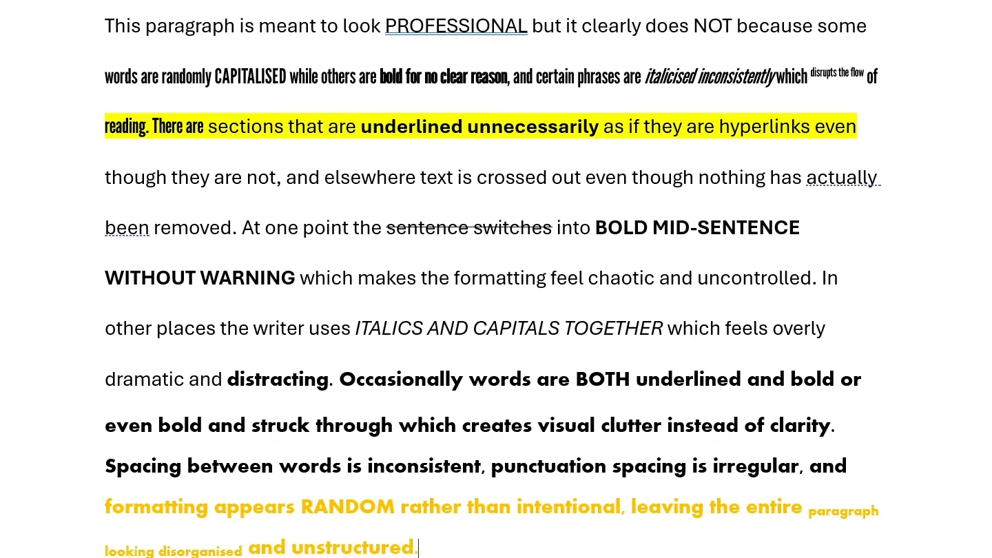 Paragraph in Word with mixed fonts, capitals, highlighting and underlining before clearing formatting
