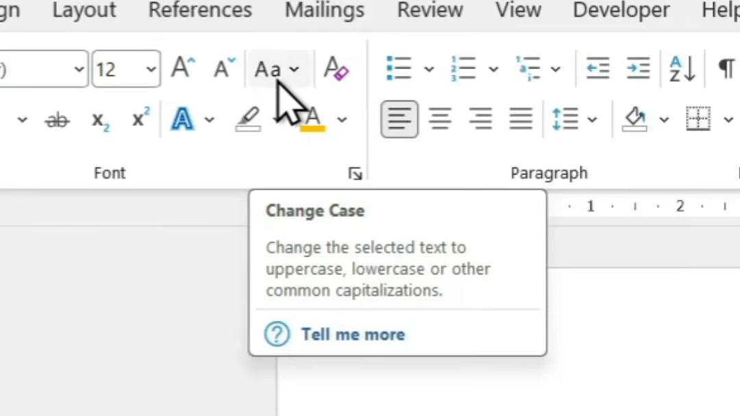 Change Case button in the Font group on the Word Home tab