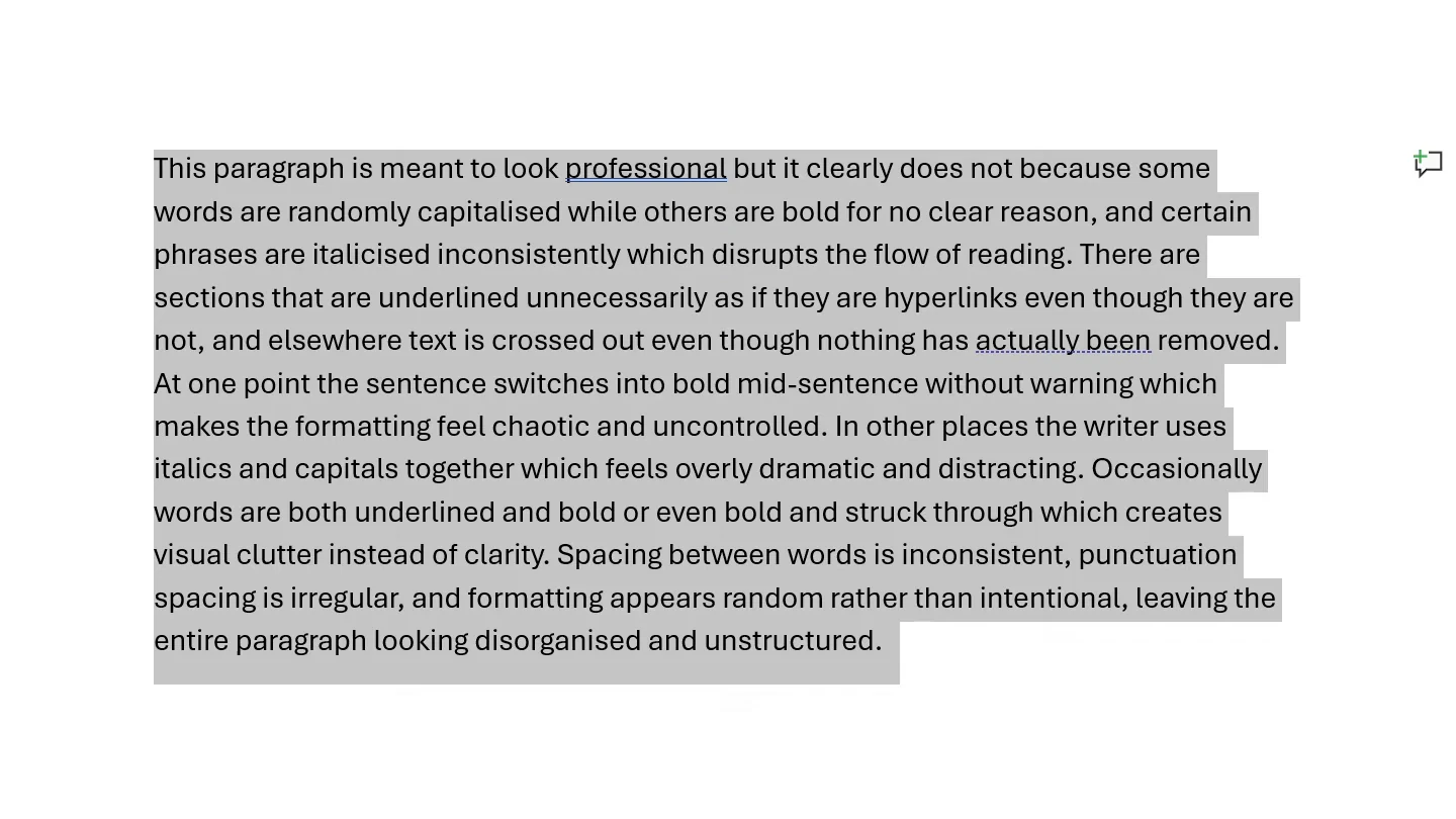 Text in Word after lowercase, ready for Sentence case