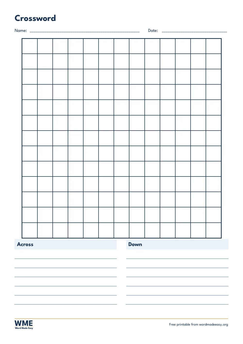 Crossword template for Word: blank 13 x 13 crossword grid on A4