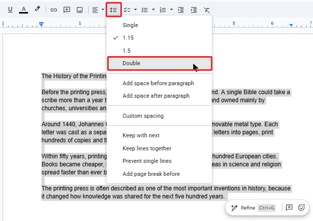 Line and paragraph spacing menu with Double selected to double space in Google Docs