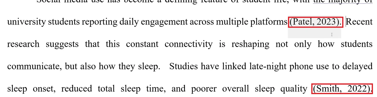 Two APA in-text citations inserted in a Word paragraph