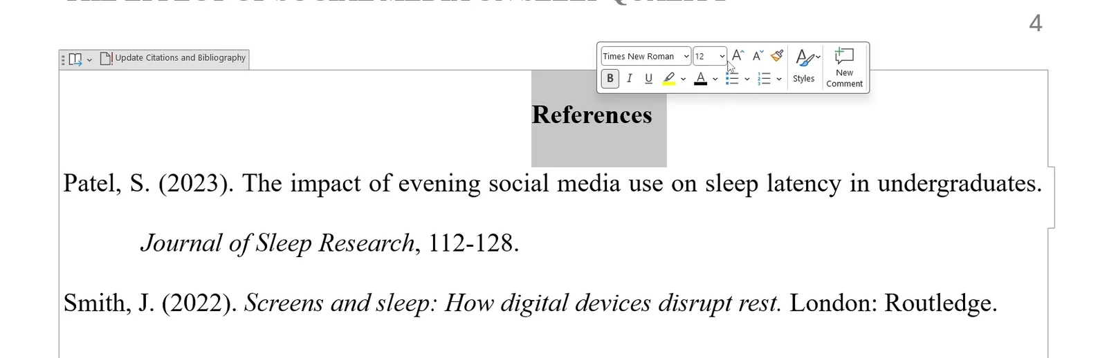 APA reference list in Word with a centred References heading and hanging indents