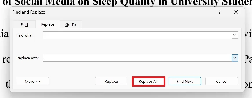 Word Find and Replace dialog with Replace All highlighted