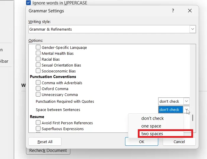 Word Grammar Settings with Space between Sentences set to two spaces