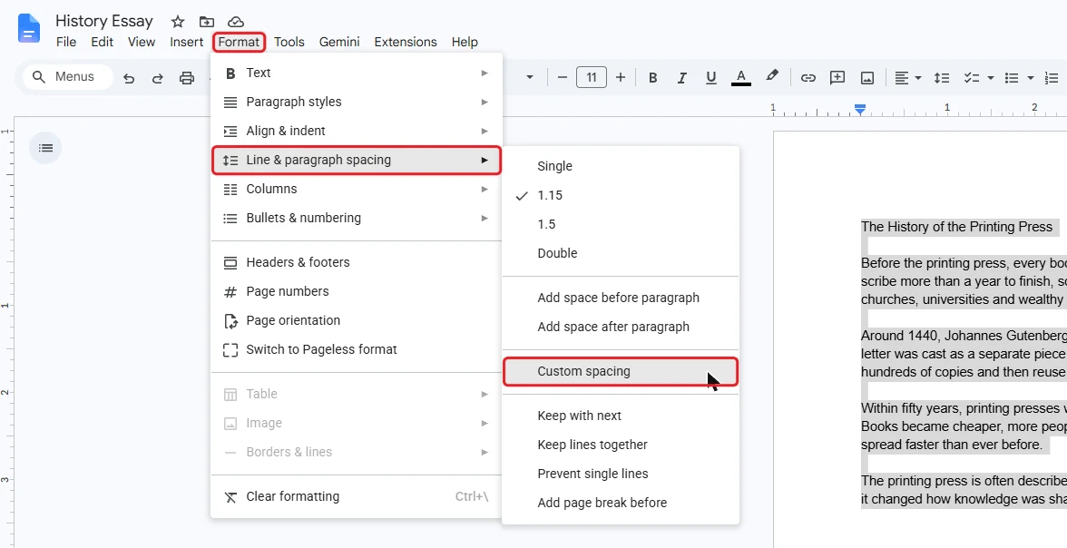 Google Docs Format menu, Line and paragraph spacing, Custom spacing highlighted