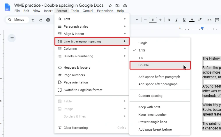Google Docs Format menu showing Line and paragraph spacing with Double highlighted