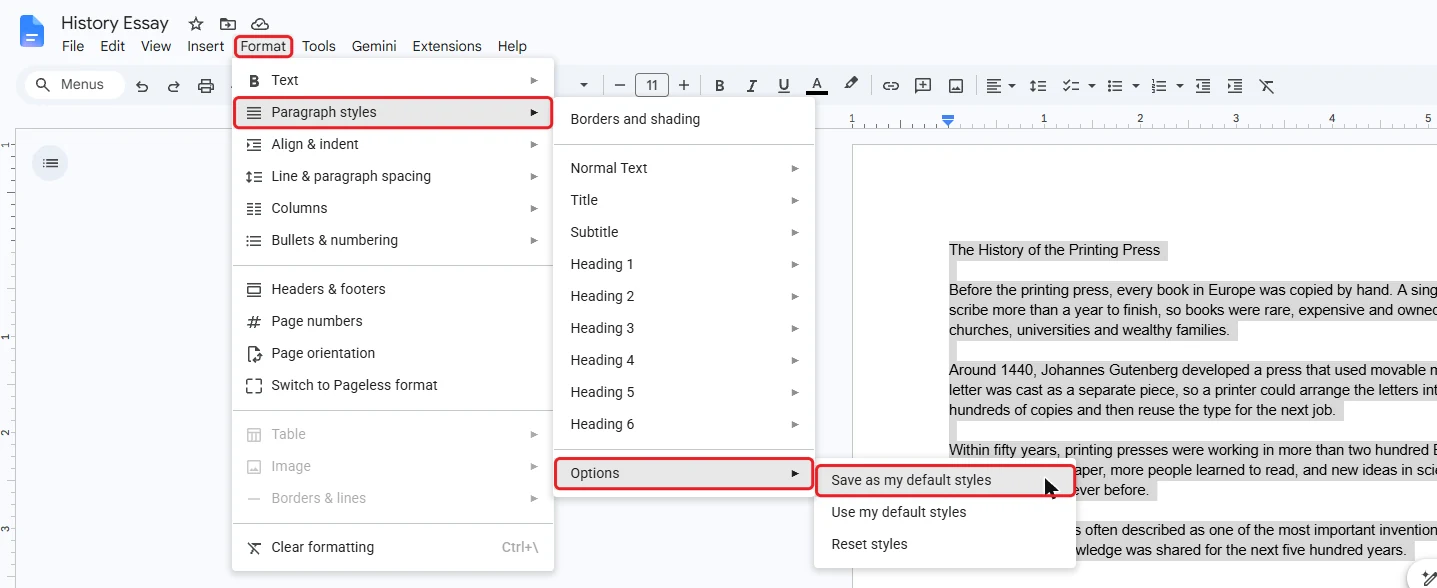 Google Docs Format menu, Paragraph styles, Options, Save as my default styles