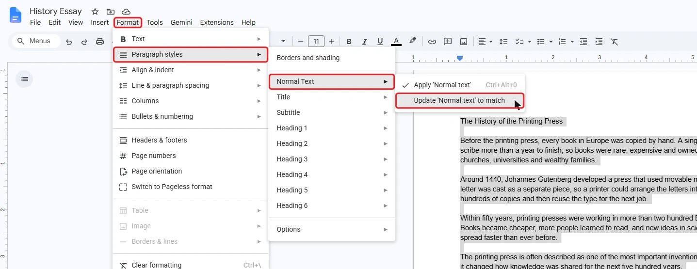 Google Docs Format menu, Paragraph styles, Normal text, Update Normal text to match