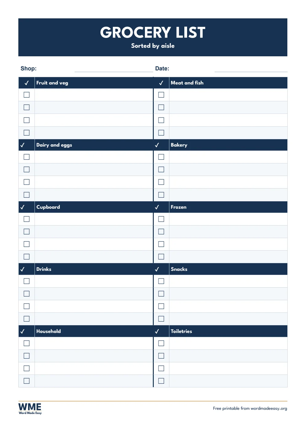 Shopping list template for Word: grocery list sorted by aisle with tick boxes on A4