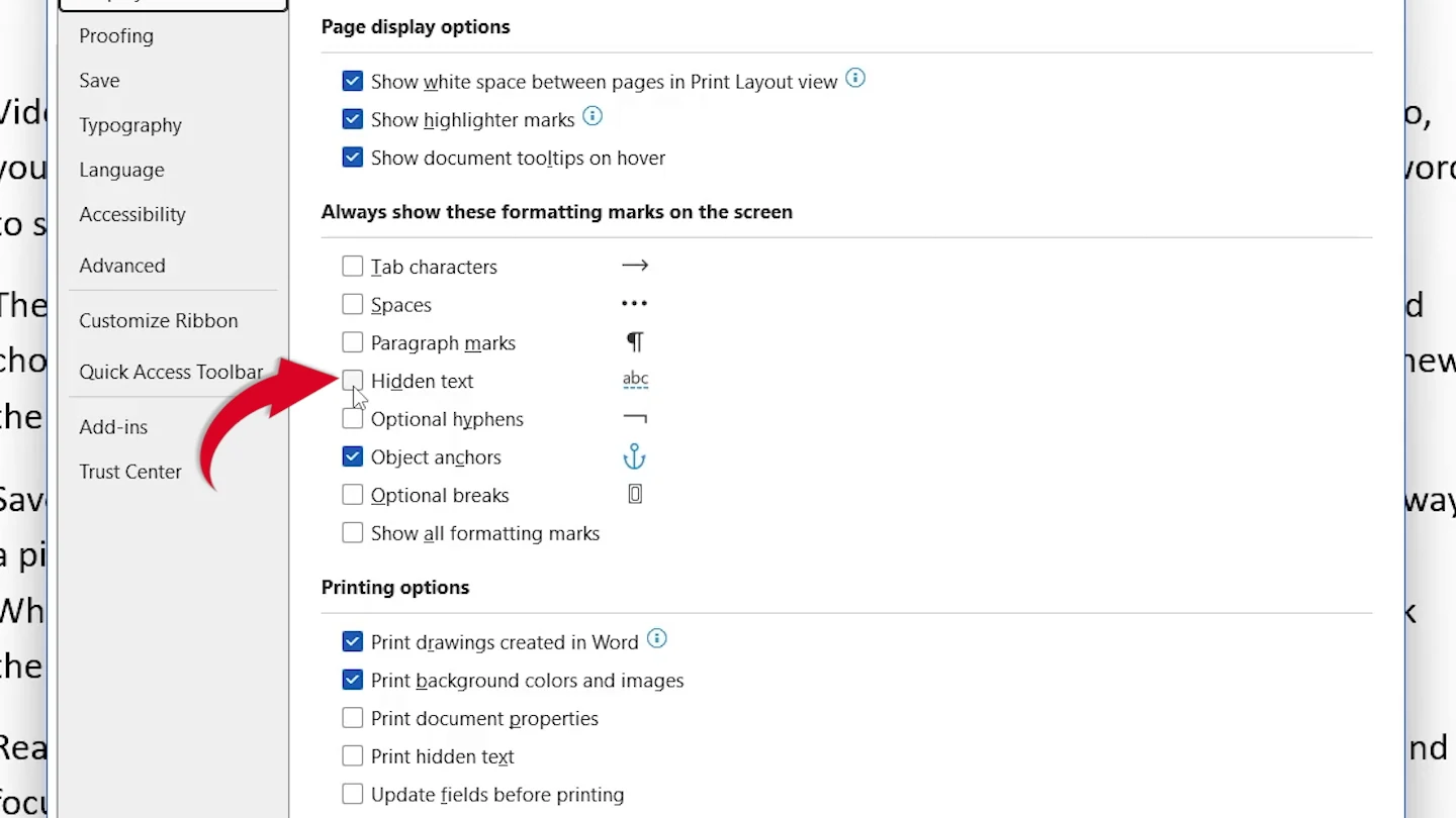 Word Options Display with Hidden text unticked