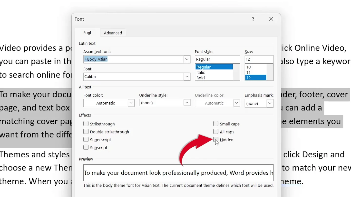 Hidden ticked under Effects in the Word Font dialog