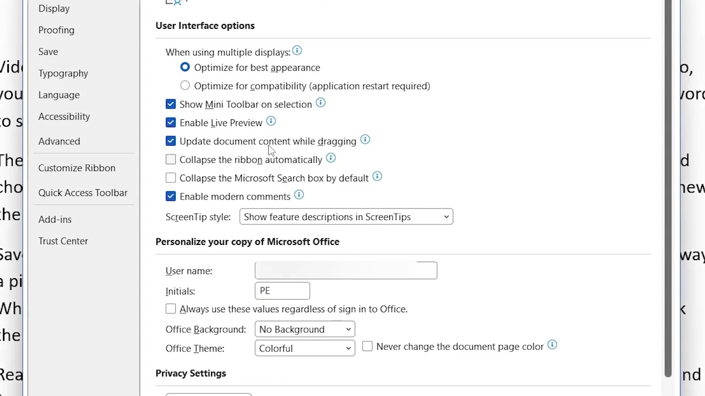 Word Options window opened from the File menu