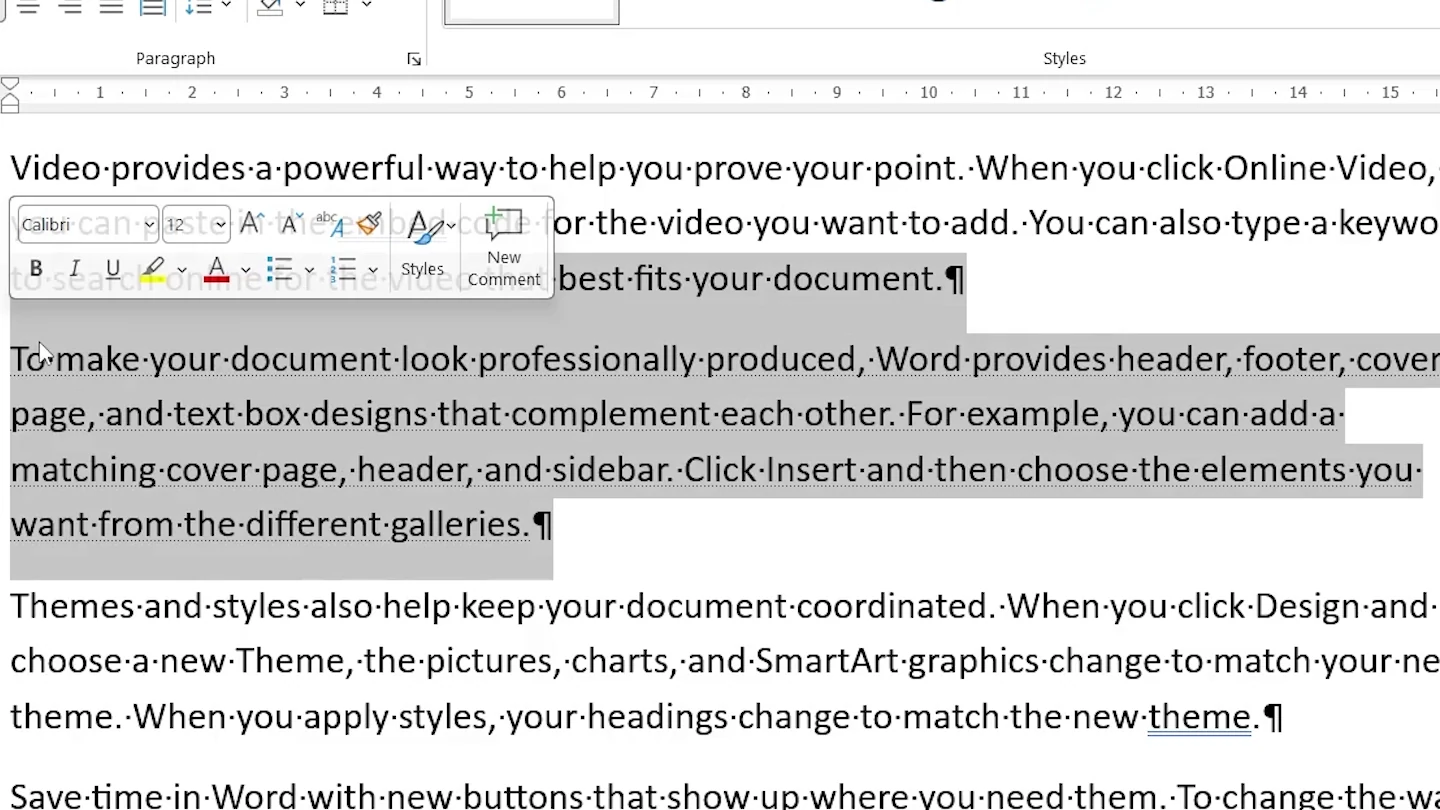 Hidden paragraph selected in Word