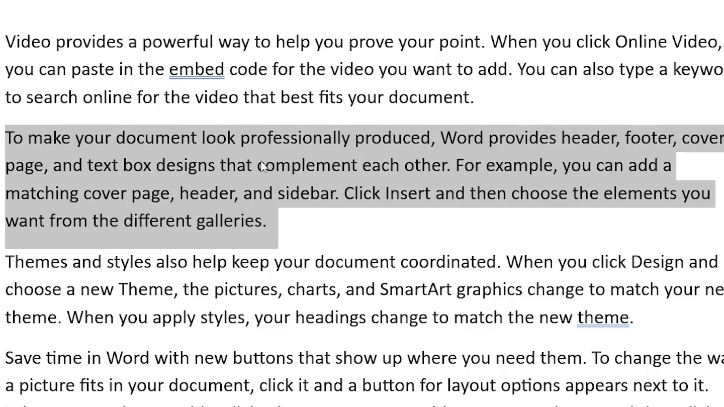 Paragraph selected in Word before you hide a paragraph in Word