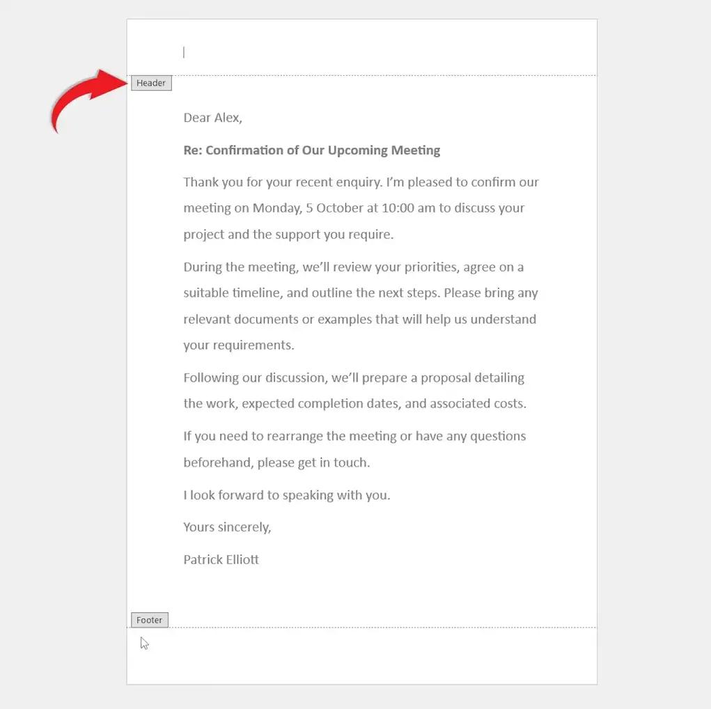 Word page with the Header area opened by double-clicking the top margin