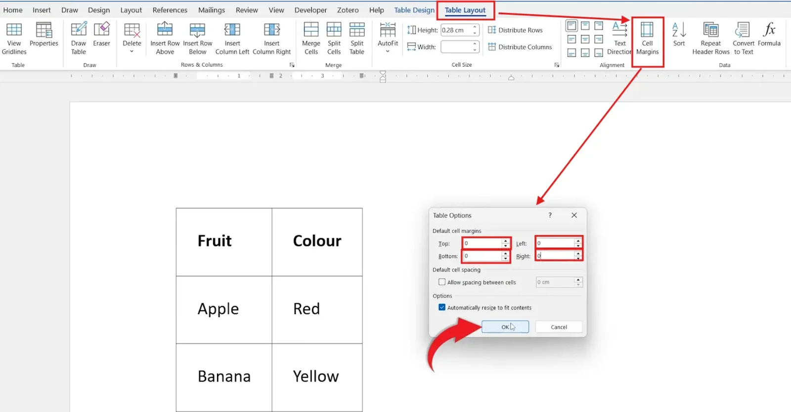 Word Table Layout Cell Margins button and Table Options window with all four default cell margins set to 0