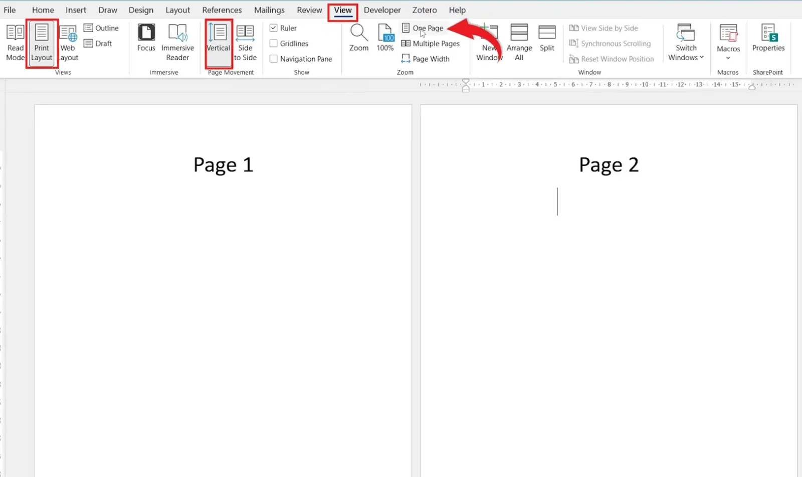 Stop pages appearing side by side in Word by choosing Vertical page movement