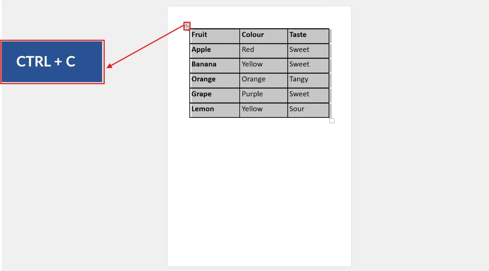 Word table selected with the table move handle before pressing Ctrl + C to copy it