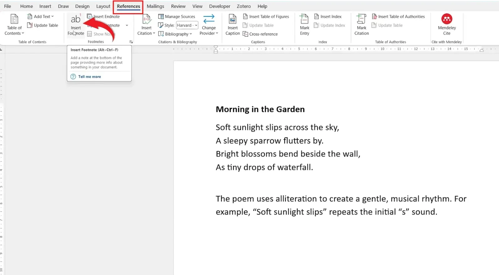 Word References tab with Insert Footnote highlighted and its Alt Ctrl F ScreenTip showing