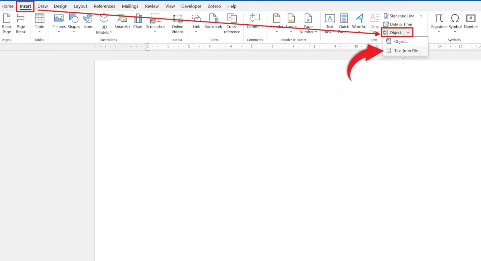 Word Insert tab with the Object menu open and Text from File selected