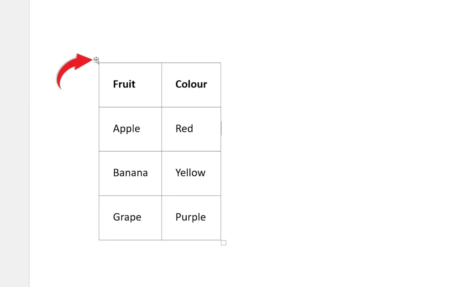 Word table with the table handle at the top-left corner highlighted to select the whole table