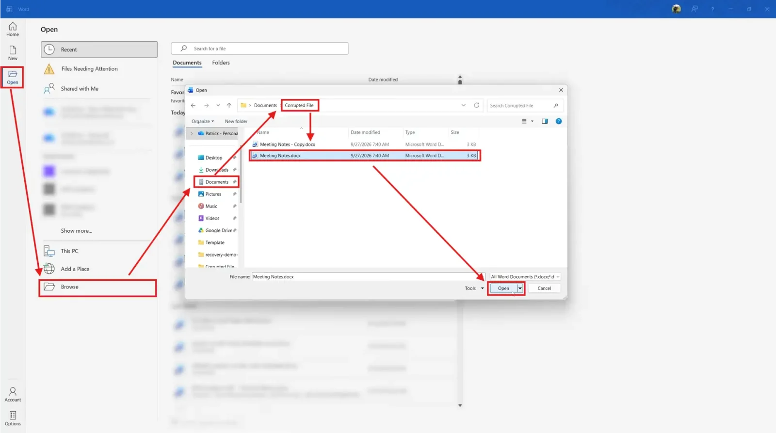 Word File Open Browse dialog with the damaged file selected and the Open button arrow highlighted