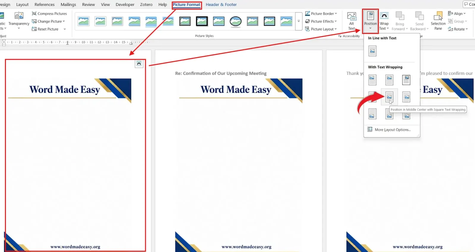 Word Picture Format Position menu with Position in Middle Center selected for a letterhead image