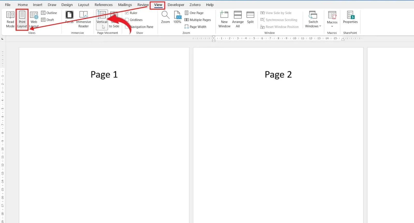 Microsoft Word View tab showing the Side to Side page movement option with two pages displayed next to each other