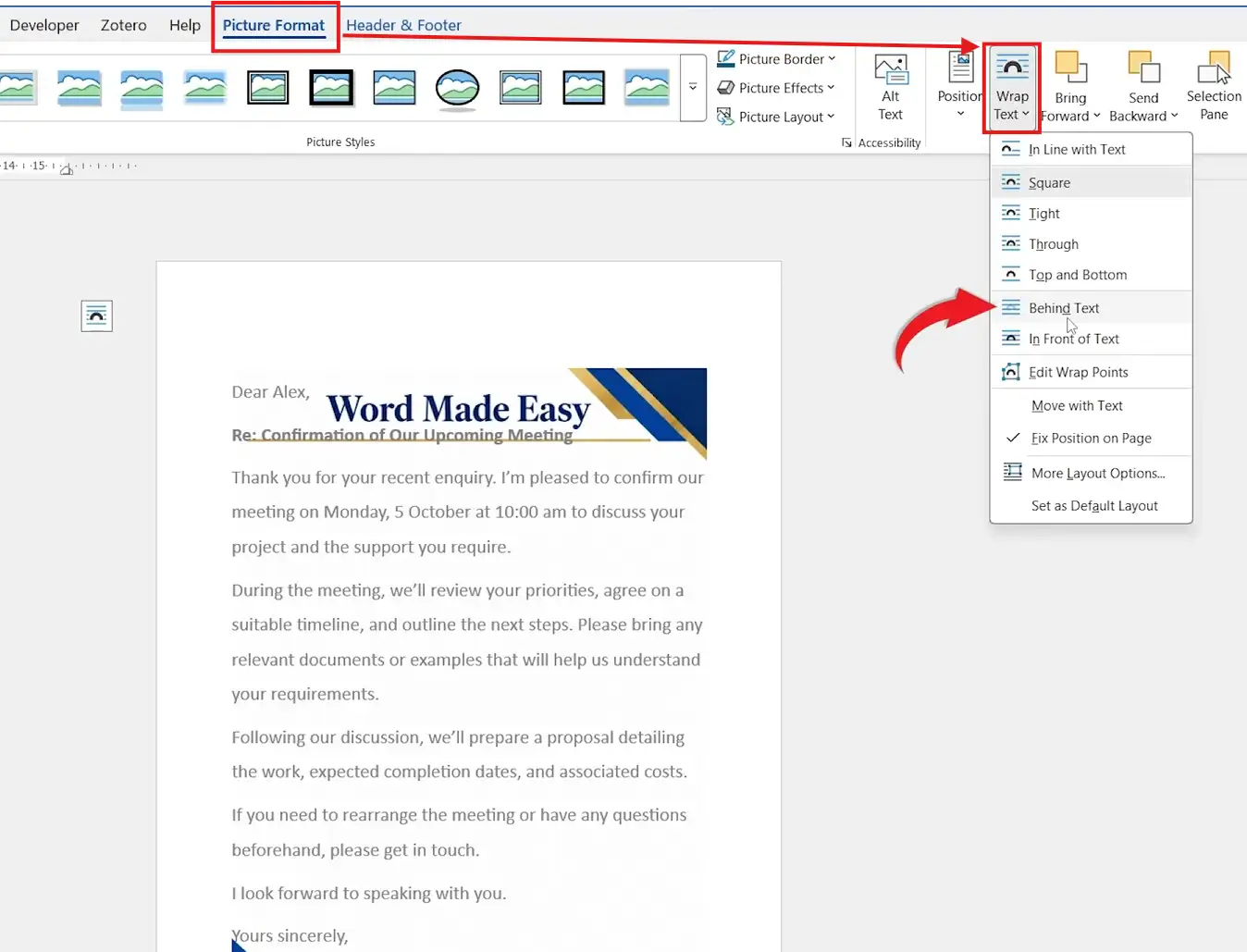 Word Wrap Text menu with Behind Text selected so the letter text sits over the letterhead