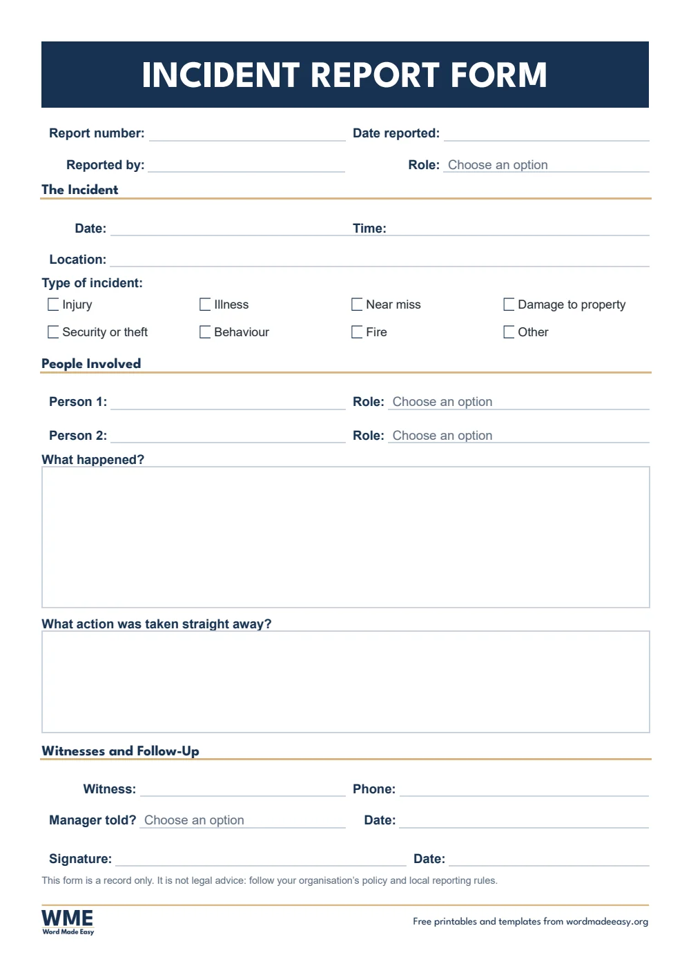 Incident report form for Word: incident details, people involved, what happened and witnesses on A4