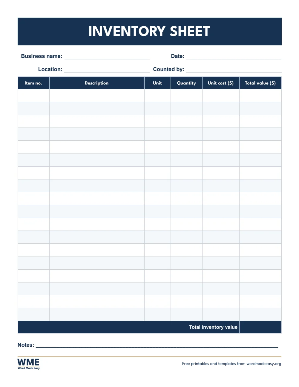 Inventory sheet template for Word: item number, description, unit, quantity, unit cost and total value columns on US Letter