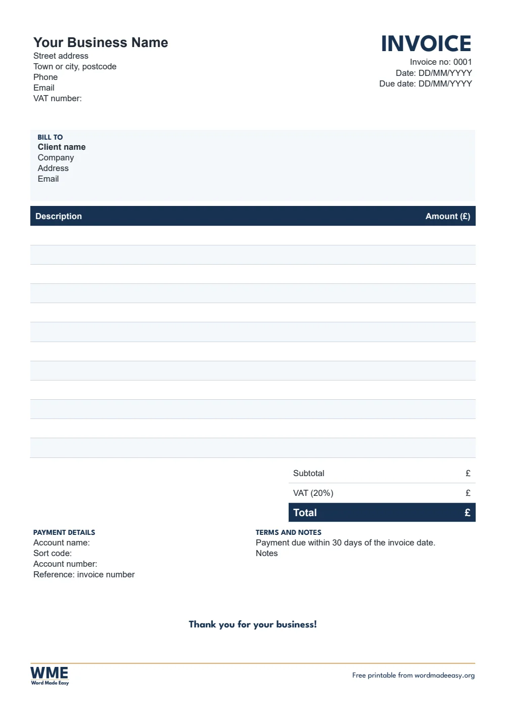 Invoice template for Word: simple UK invoice with VAT on A4