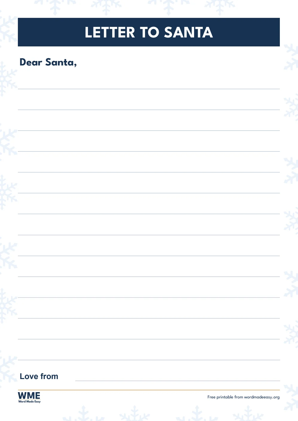 Letter to Santa template for Word: Dear Santa with full-page writing lines and a snowflake border drawn in PowerPoint by Patrick Elliott