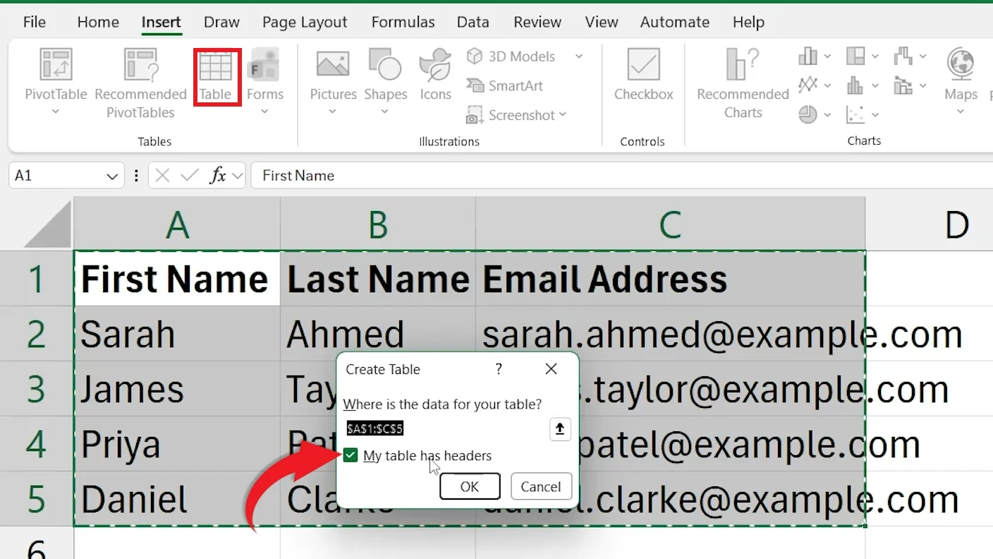 Excel Create Table dialog with My table has headers ticked
