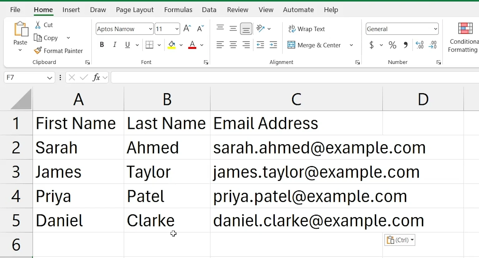 Excel recipient list with first names, last names and email addresses