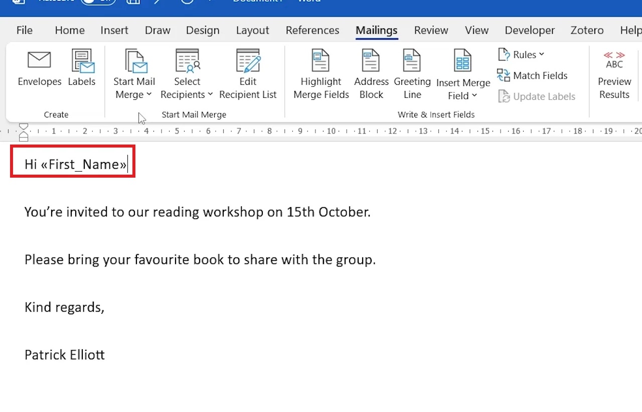 Word email greeting showing the First_Name merge field after Hi