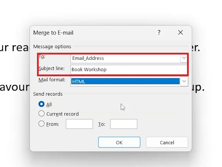 Word Merge to E-mail dialog with To set to Email_Address and a subject line