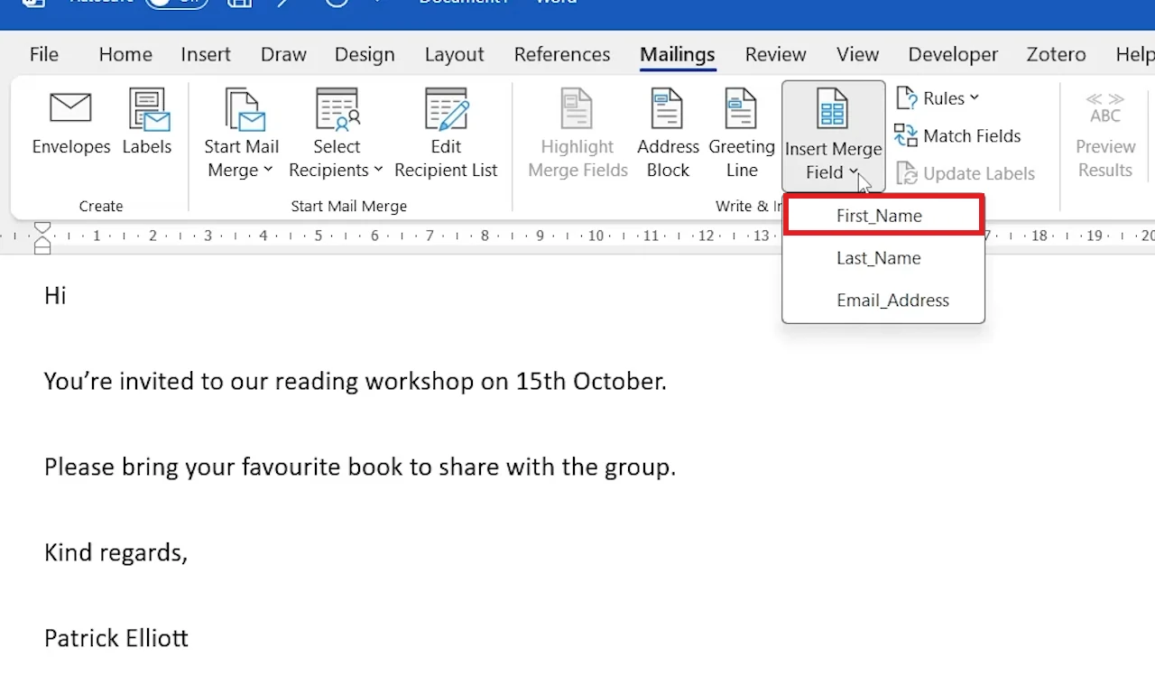 Word Insert Merge Field menu with First_Name highlighted