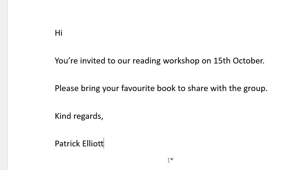 Word document with the invitation email typed and the name left blank