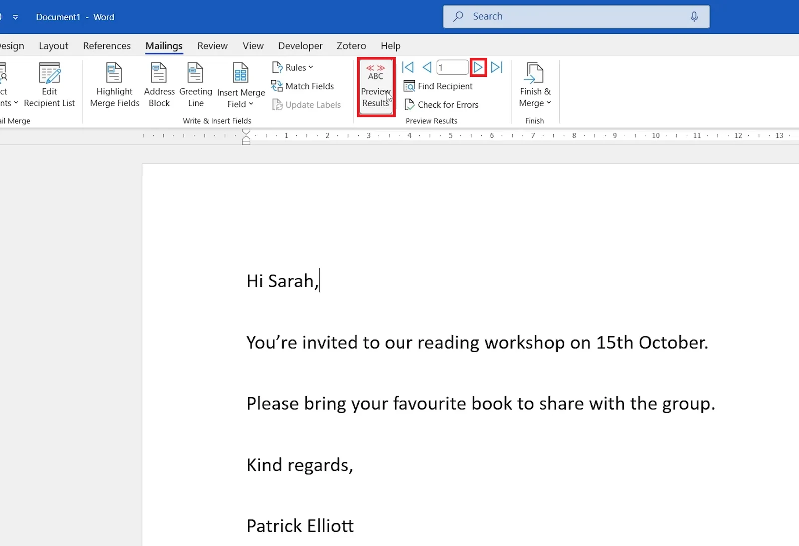 Word Preview Results showing Hi Sarah with the Next Record arrow highlighted
