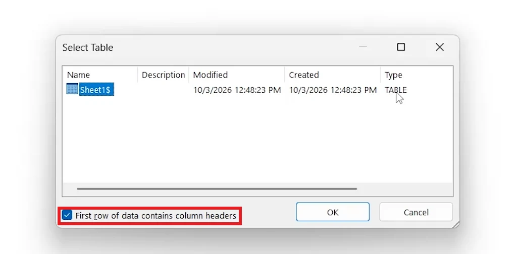 Word Select Table dialog with First row of data contains column headers ticked