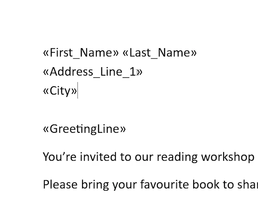 Word letter with First_Name, Last_Name, Address_Line_1 and City merge fields on separate lines