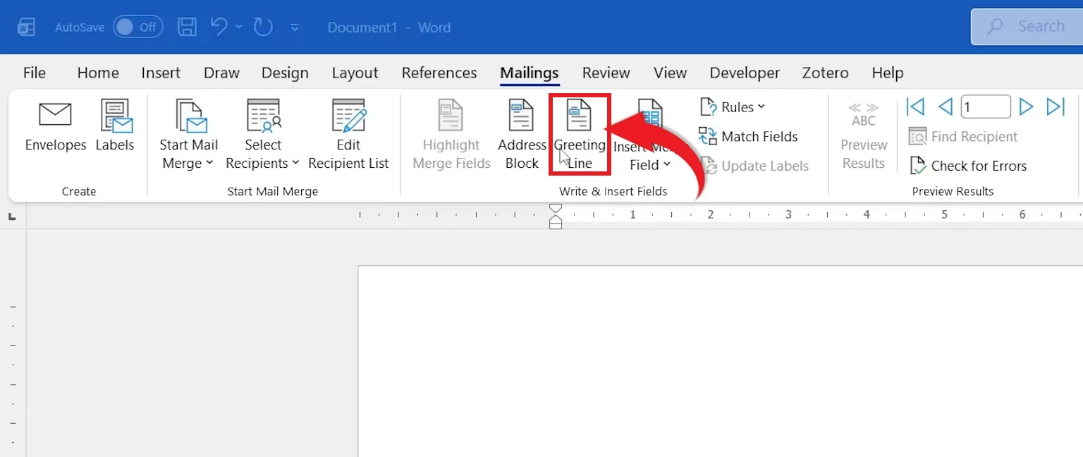 Mail merge letters in Word: Mailings tab with the Greeting Line button highlighted