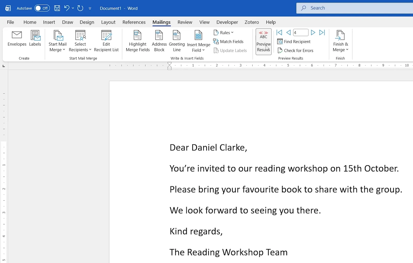 Word Preview Results showing Dear Daniel Clarke at the top of the letter