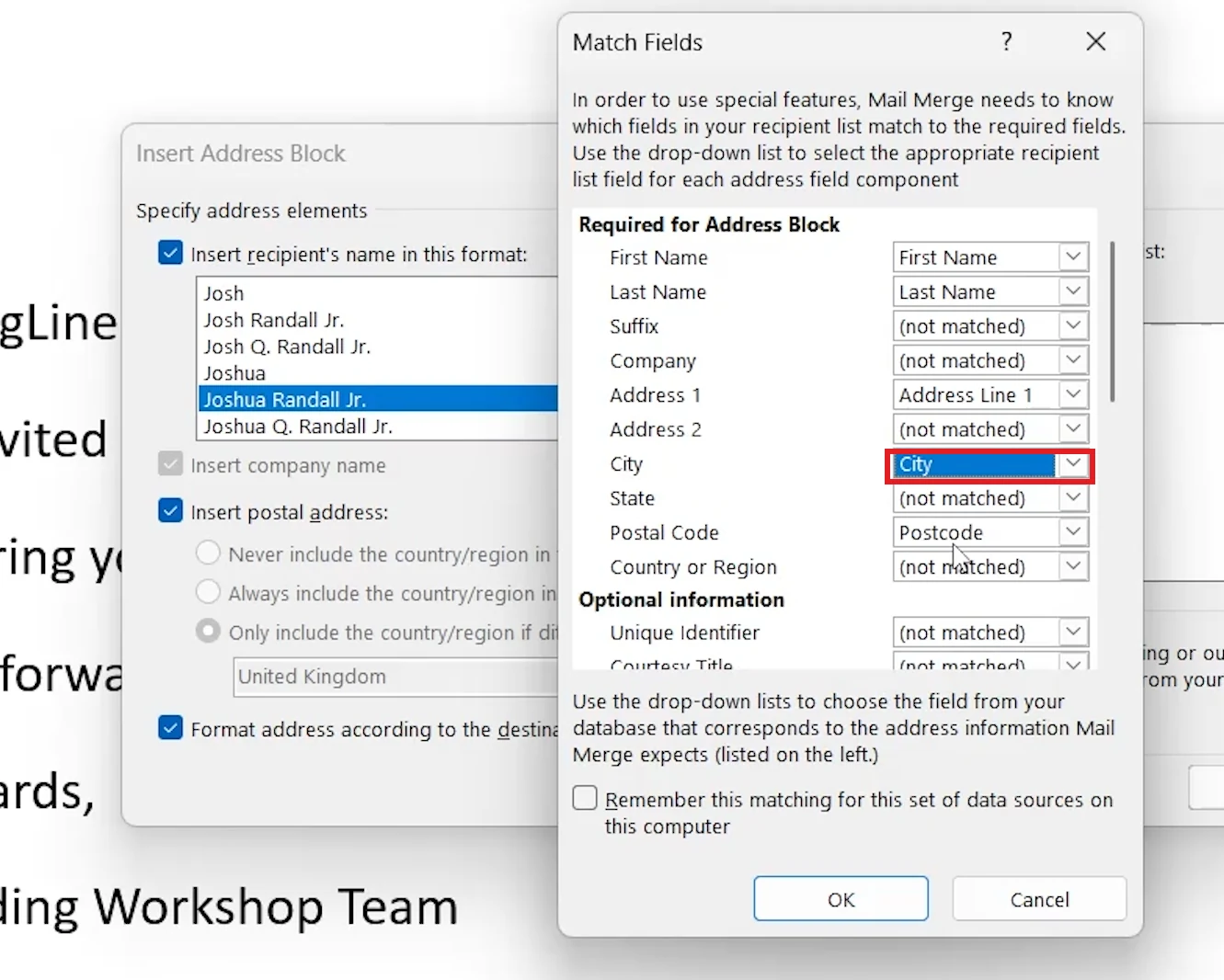 Word Match Fields dialog with City matched to the City column