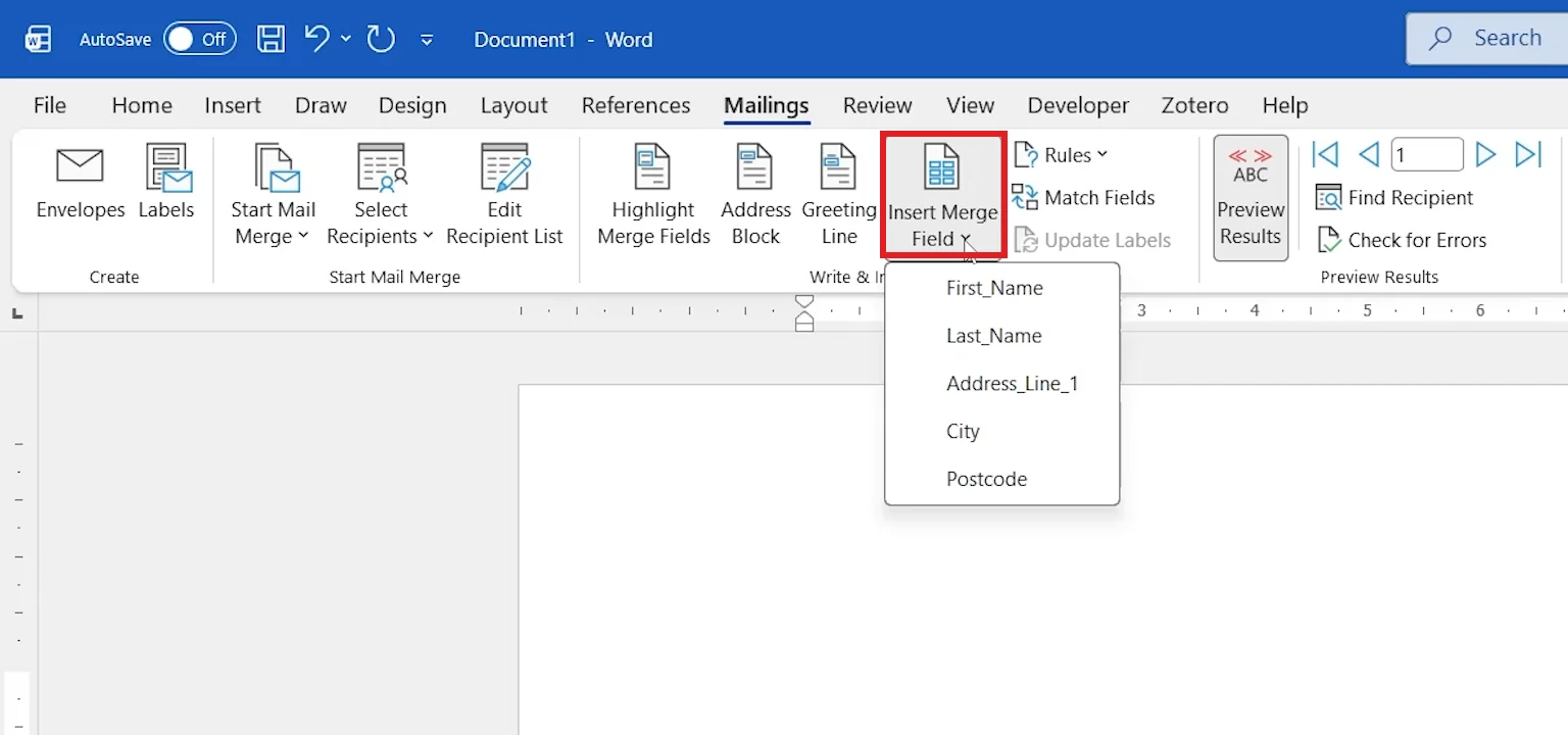 Word Insert Merge Field menu listing First_Name, Last_Name, Address_Line_1, City and Postcode