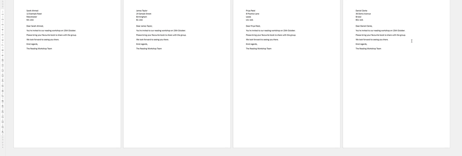 Merged Word document showing four personalised letters, one per page