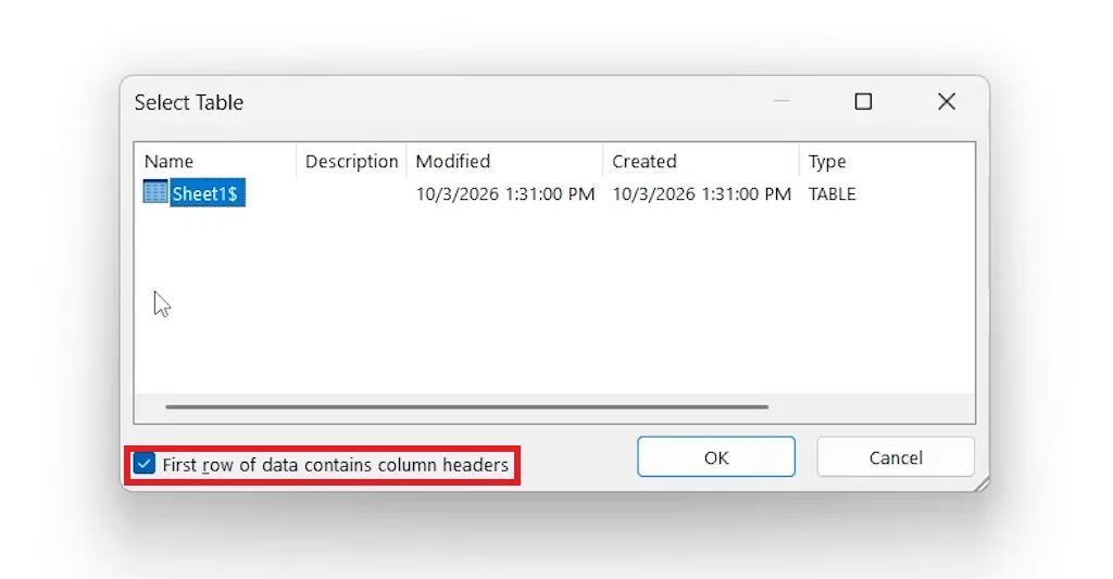 Word Select Table dialog with First row of data contains column headers ticked