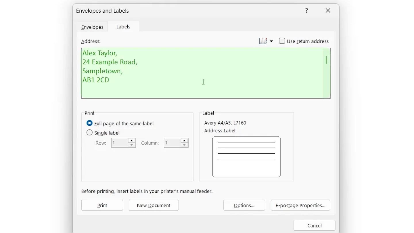 Address typed into the Labels tab in Word